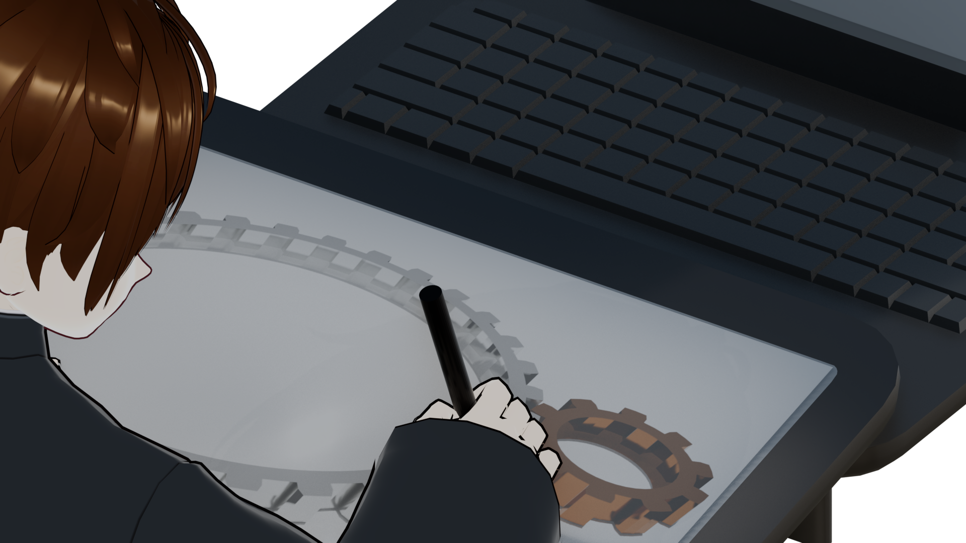 Konstruktive Arbeit als Animator mit Zeichentablett und Zahnrad